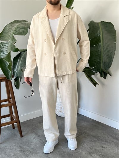 Krem Premium Keten Oversize Kruvaze Takım