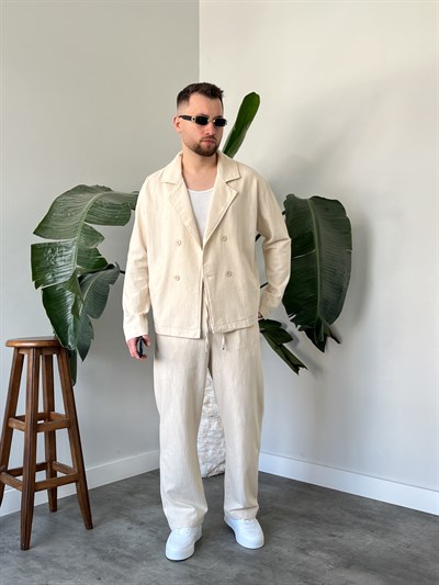 Krem Premium Keten Oversize Kruvaze Takım
