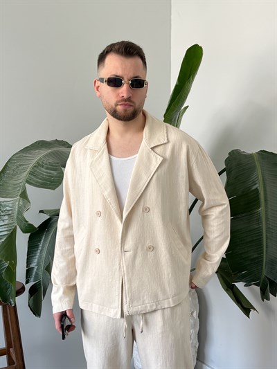 Krem Premium Keten Oversize Kruvaze Takım