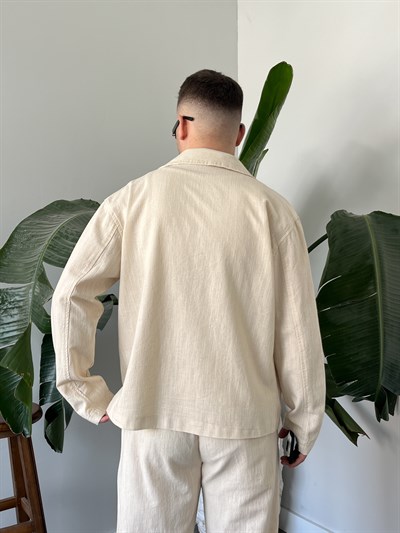 Krem Premium Keten Oversize Kruvaze Takım
