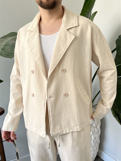 Krem Premium Keten Oversize Kruvaze Takım