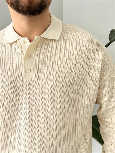 Krem Waffle Dokulu Polo Yaka Örme Triko Sweatshirt