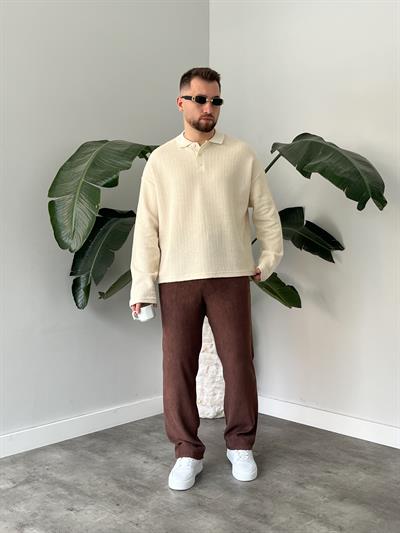 Krem Waffle Dokulu Polo Yaka Örme Triko Sweatshirt