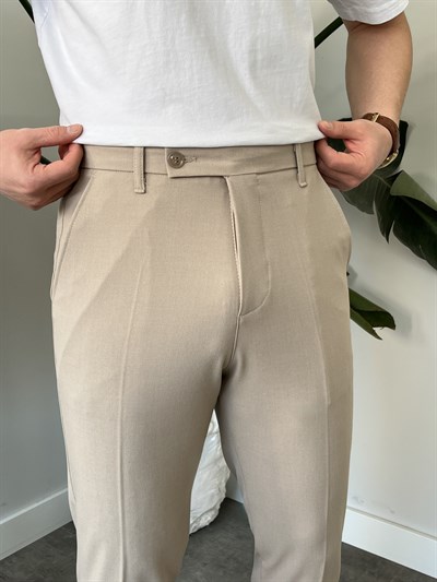 Krem Yan Düğme Detay Duble Paça Boyfriend Pantolon