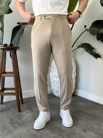 Krem Yan Düğme Detay Duble Paça Boyfriend Pantolon