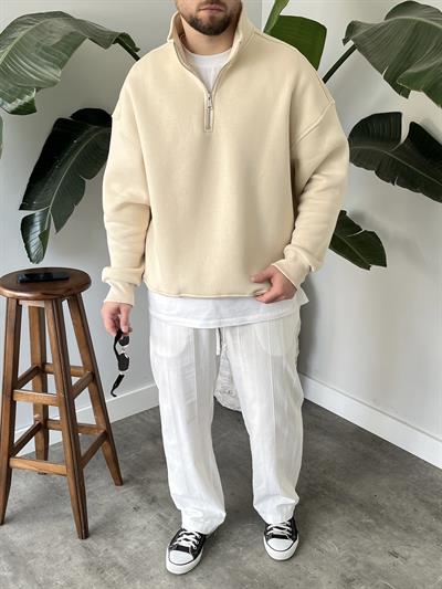 Krem Yarım Fermuar Üç İplik Şardonlu Sweatshirt