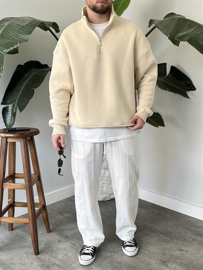 Krem Yarım Fermuar Üç İplik Şardonlu Sweatshirt