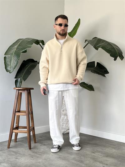 Krem Yarım Fermuar Üç İplik Şardonlu Sweatshirt