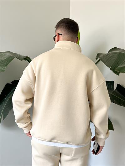 Krem Yarım Fermuarlı Oversize Eşofman Takımı