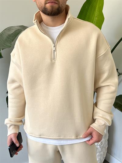Krem Yarım Fermuarlı Oversize Eşofman Takımı