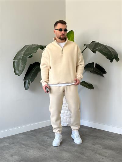 Krem Yarım Fermuarlı Oversize Eşofman Takımı
