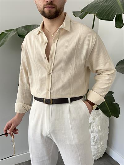 Krem Zincir Desen Oversize Keten Gömlek