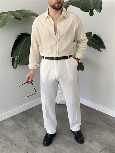 Krem Zincir Desen Oversize Keten Gömlek