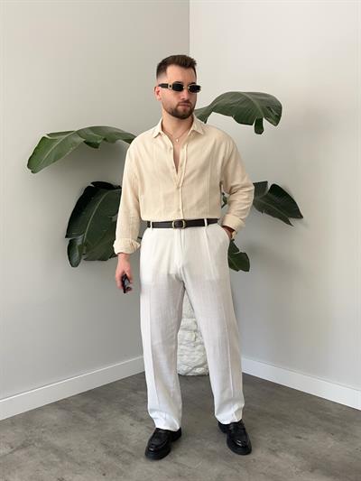 Krem Zincir Desen Oversize Keten Gömlek