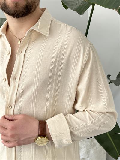 Krem Zincir Desen Oversize Keten Gömlek