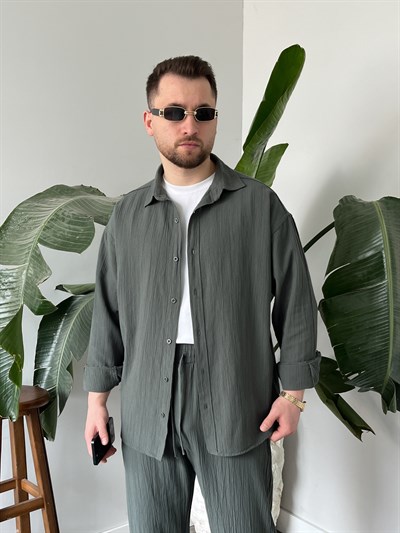 Küf Yeşili Krinkıl Keten Oversize Takım