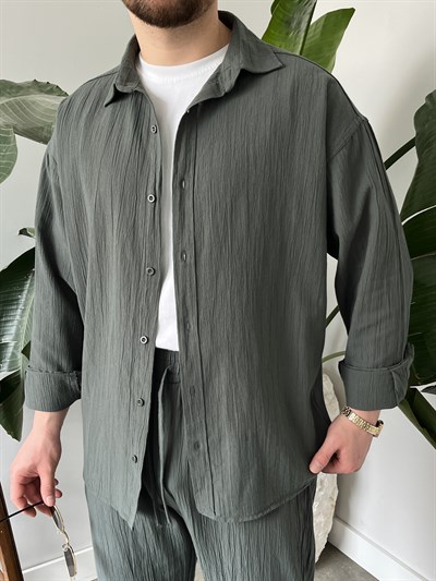 Küf Yeşili Krinkıl Keten Oversize Takım