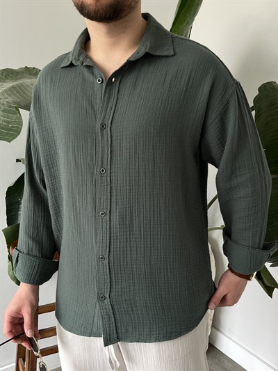 Küf Yeşili Premium Müslin Dokulu Oversize Gömlek