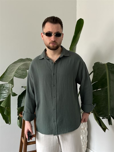 Küf Yeşili Premium Müslin Dokulu Oversize Gömlek