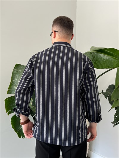 Lacivert Apaj Yaka Çizgili Oversize Gömlek