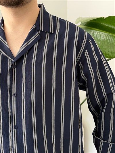 Lacivert Apaj Yaka Çizgili Oversize Gömlek
