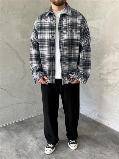 Lacivert Baskılı Oversize Ekose Gömlek