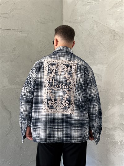 Lacivert Baskılı Oversize Ekose Gömlek