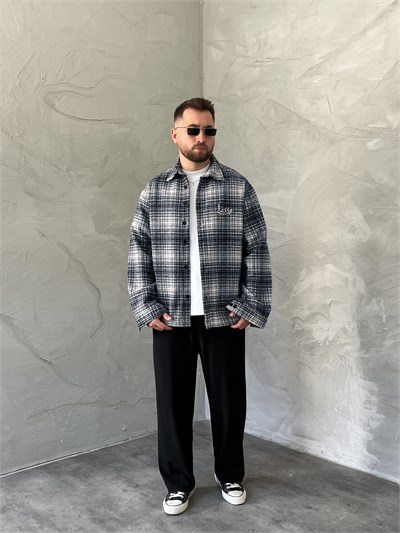 Lacivert Baskılı Oversize Ekose Gömlek