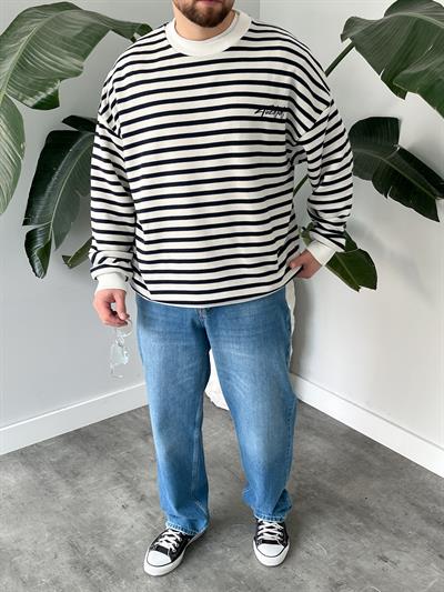 Lacivert Çizgili Bisiklet Yaka Oversize Sweatshirt