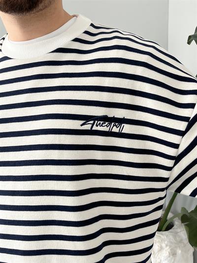 Lacivert Çizgili Bisiklet Yaka Oversize Sweatshirt