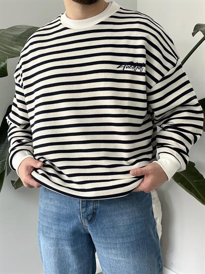 Lacivert Çizgili Bisiklet Yaka Oversize Sweatshirt