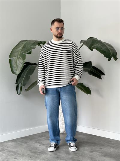 Lacivert Çizgili Bisiklet Yaka Oversize Sweatshirt