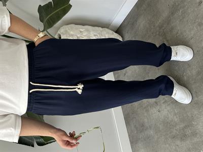 Lacivert Burgu Bağcık Detaylı Pamuk Keten Relax Fit Pantolon