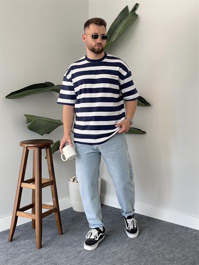 Lacivert Çizgili Nakış Detay Oversize T-shirt