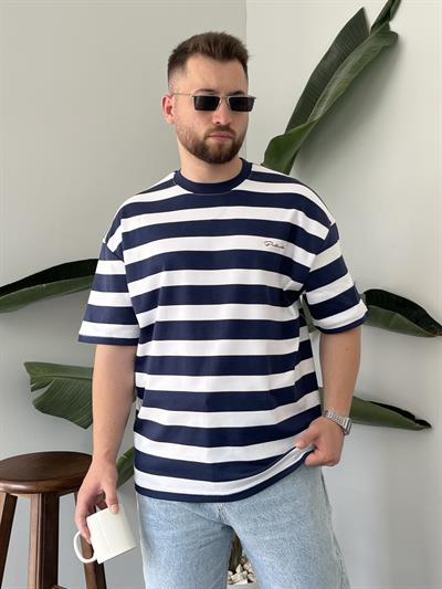 Lacivert Çizgili Nakış Detay Oversize T-shirt