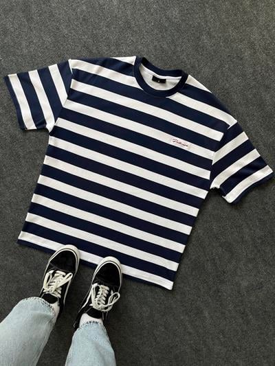Lacivert Çizgili Nakış Detay Oversize T-shirt
