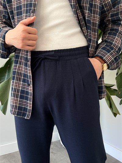 Lacivert Duble Paça Keten Boyfriend Pantolon