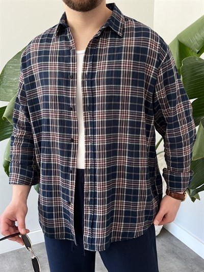 Lacivert Ekose Oversize Gömlek
