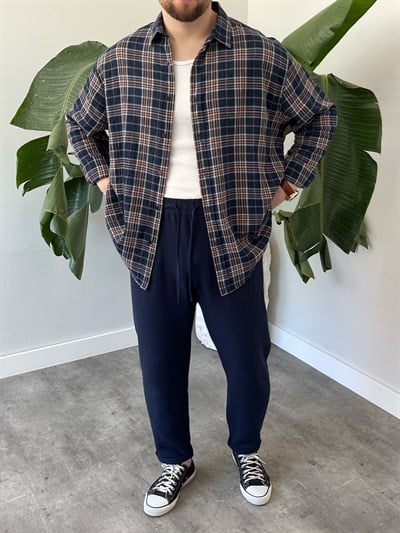 Lacivert Ekose Oversize Gömlek