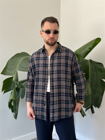 Lacivert Ekose Oversize Gömlek