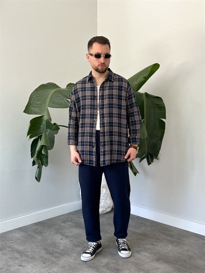 Lacivert Ekose Oversize Gömlek