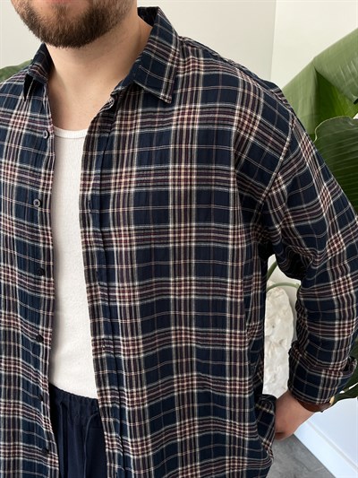 Lacivert Ekose Oversize Gömlek