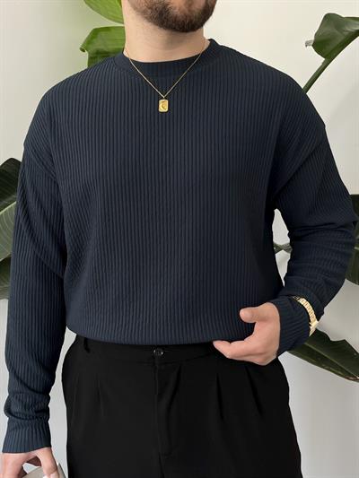 Lacivert Fitilli Bisiklet Yaka Triko Sweat