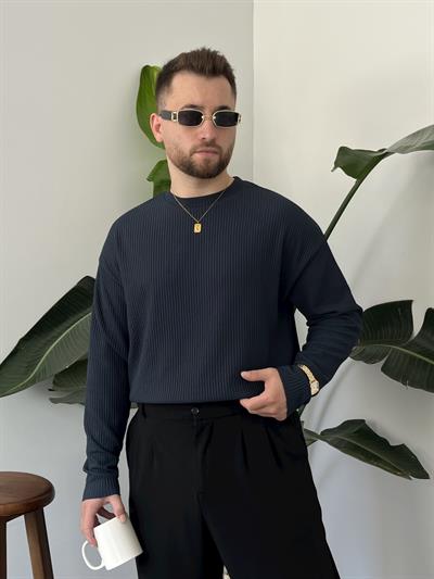 Lacivert Fitilli Bisiklet Yaka Triko Sweat
