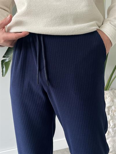 Lacivert Fitilli Lastik Bel Pantolon