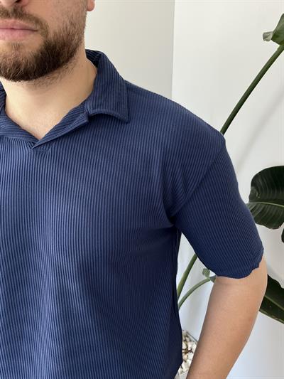 Lacivert Fitilli Polo Yaka T-shirt