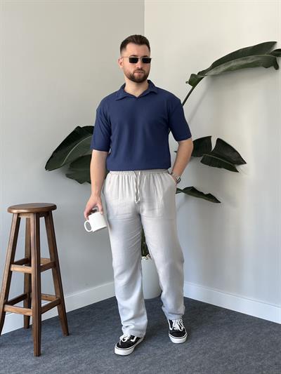 Lacivert Fitilli Polo Yaka T-shirt