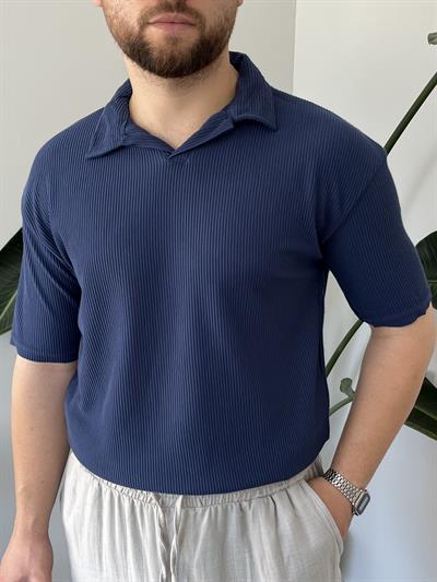 Lacivert Fitilli Polo Yaka T-shirt
