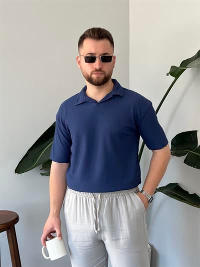 Lacivert Fitilli Polo Yaka T-shirt