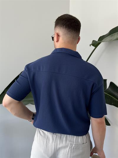 Lacivert Fitilli Polo Yaka T-shirt